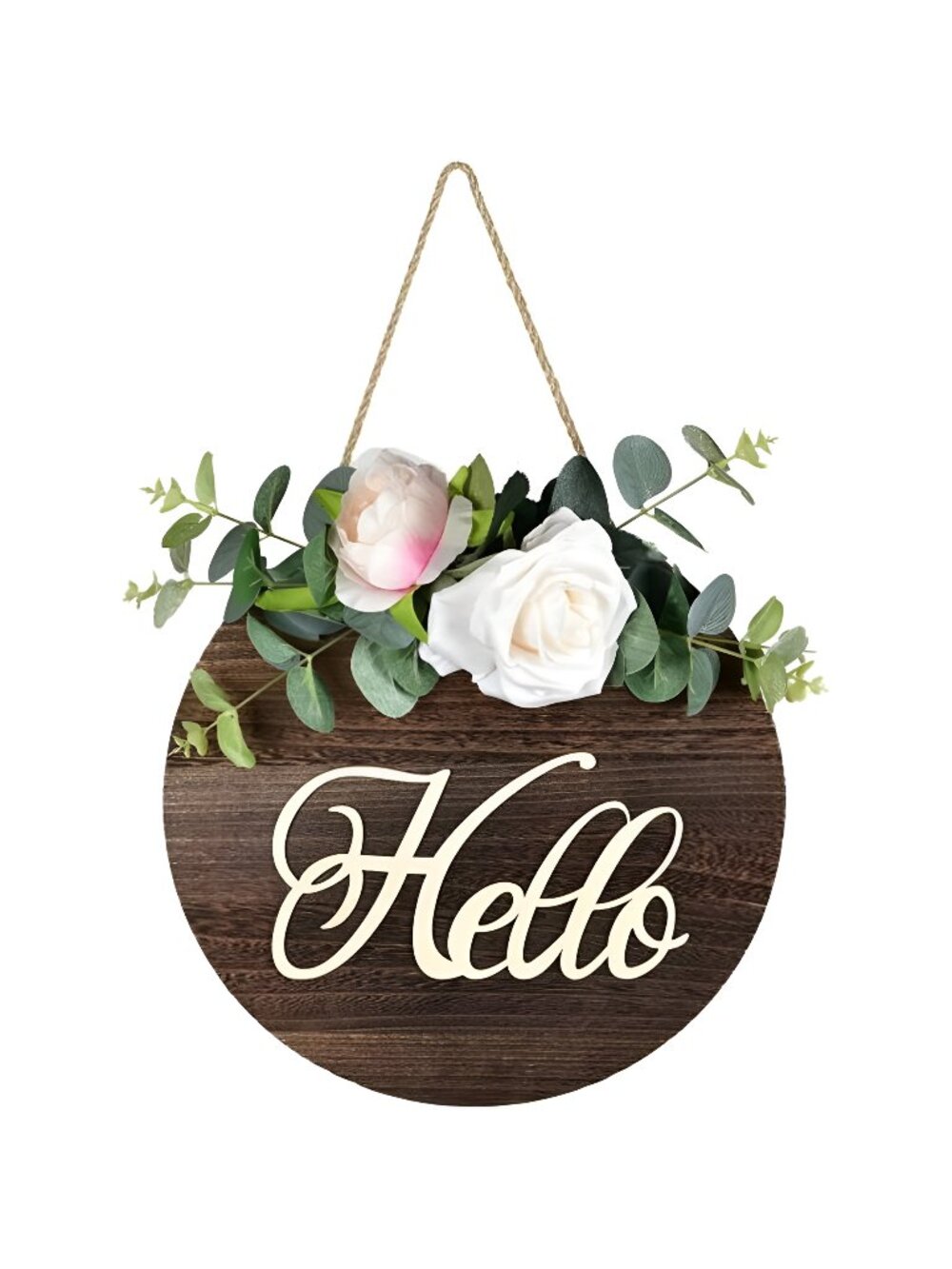 Artificial Rose Flower Welcome Sign, Hanging Wooden Porch Sign w/ Silk Roses